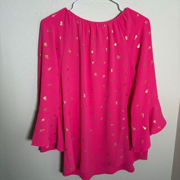 Fyve Blouse Women's Large Neon Pink V-Neck Keyhole Metallic 3/4 Sleeve Flare Top - Picture 5 of 9
